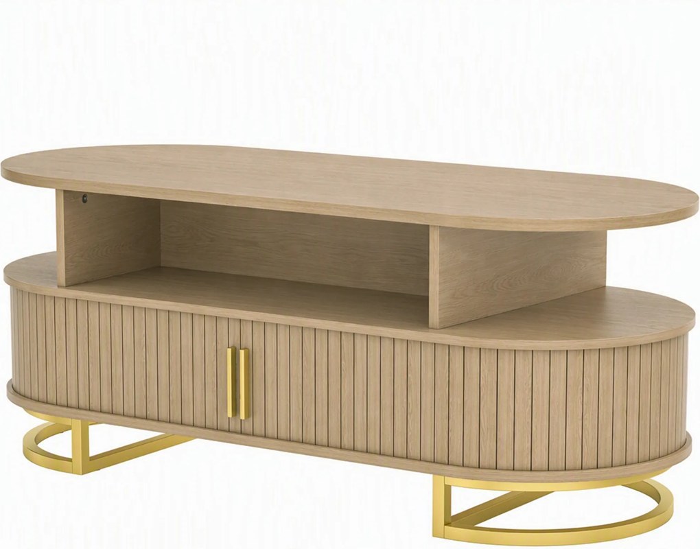 HOMCOM Mesa de Centro Oval, Mesa de Sala Moderna com Portas Tambor Deslizantes, Armazenamento Fechado, Prateleiras Abertas, Carvalho | Aosom Portugal