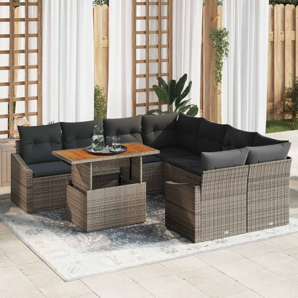 Conjunto de Sofá de Jardim de 9 Peças com Almofadas Cinza Rattan Polié