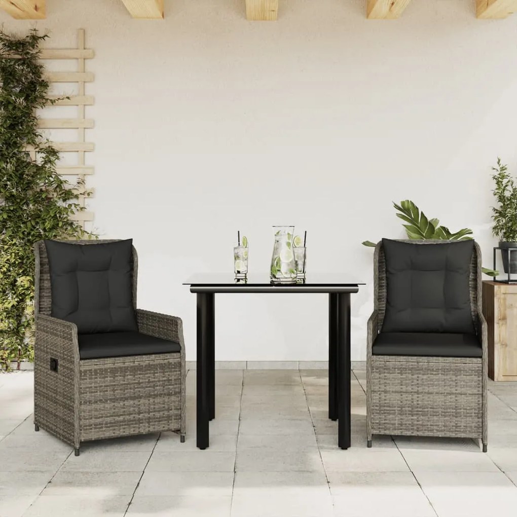 vidaXL 3 pcs conjunto de jantar p/ jardim c/ almofadões vime PE cinza