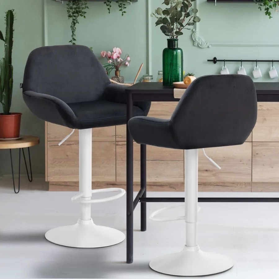 Conjunto de 2 bancos altos em veludo com estrutura branca 89-109 x 51 x 52 cm preto