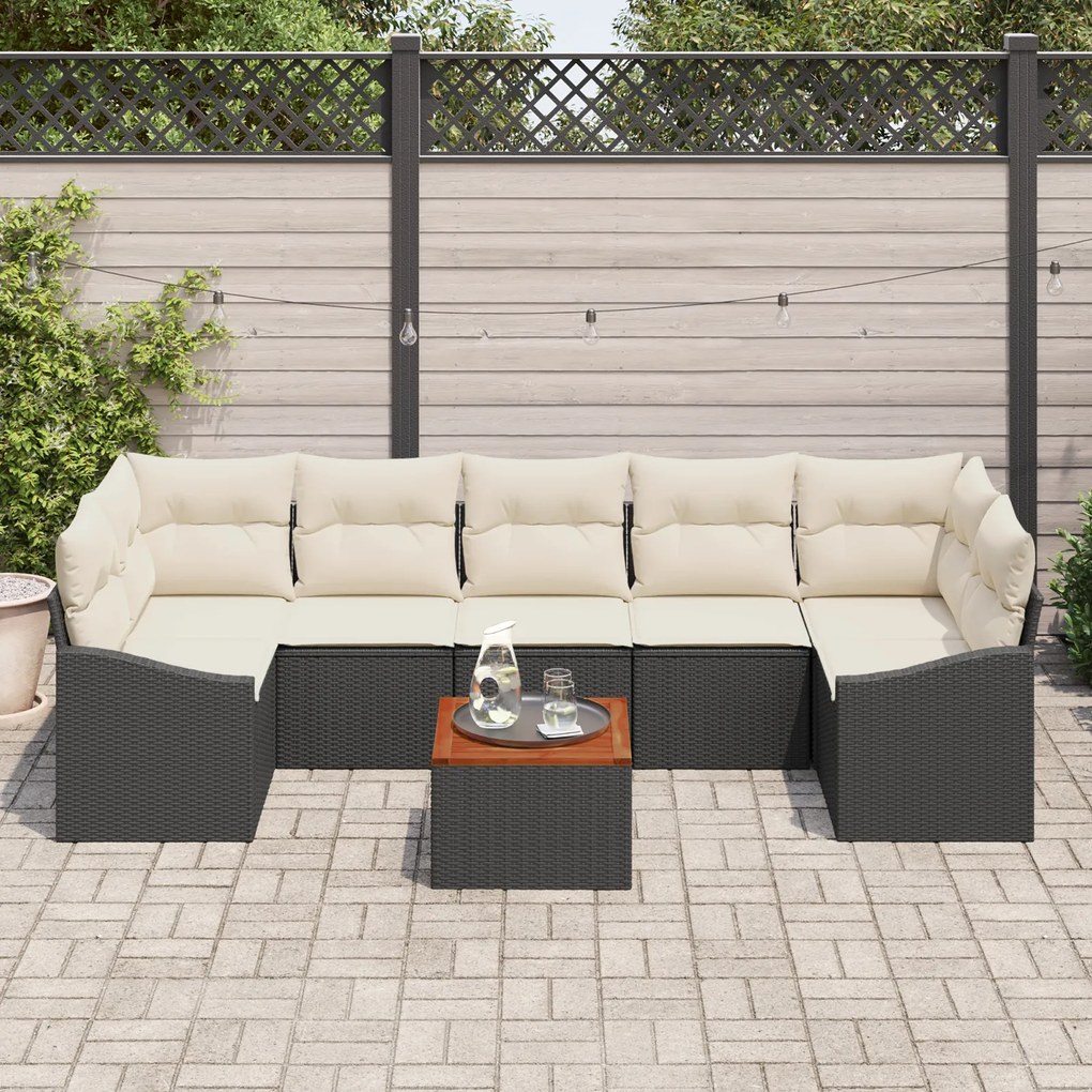 Conjunto de Sofá de Jardim de 8 peças com almofadas em Vime Preto