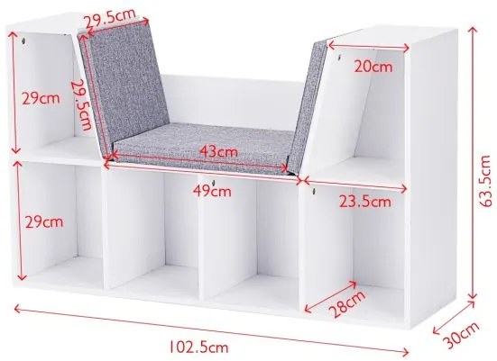 Estante com assento Biblioteca para crianças 102,5 x 30 x 63,5 cm Branco