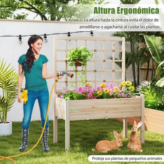 Floreira de jardim elevada com treliça e orifícios de drenagem para exterior 117 x 60 x 160 cm Natural