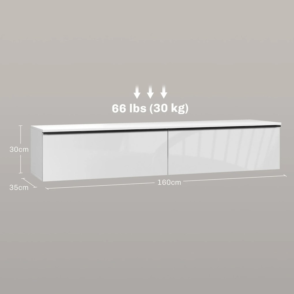 Móvel de TV suspenso com armário 160 x 35 x 30 cm, para televisores até 70 polegadas, acabamento brilhante, branco