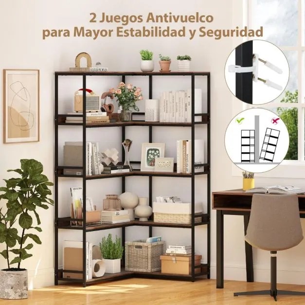 Estante de canto 110 x 89 x 180 cm com 5 níveis, 10 compartimentos abertos e protetor com pés para sala Castanha