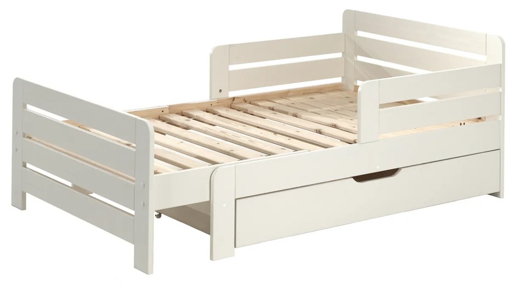 Cama infantil JUMPER transformável em 3 medidas 140, 160 e 200 cm + Estrado + Gaveta + colchão (140 + 60 cm) Branco