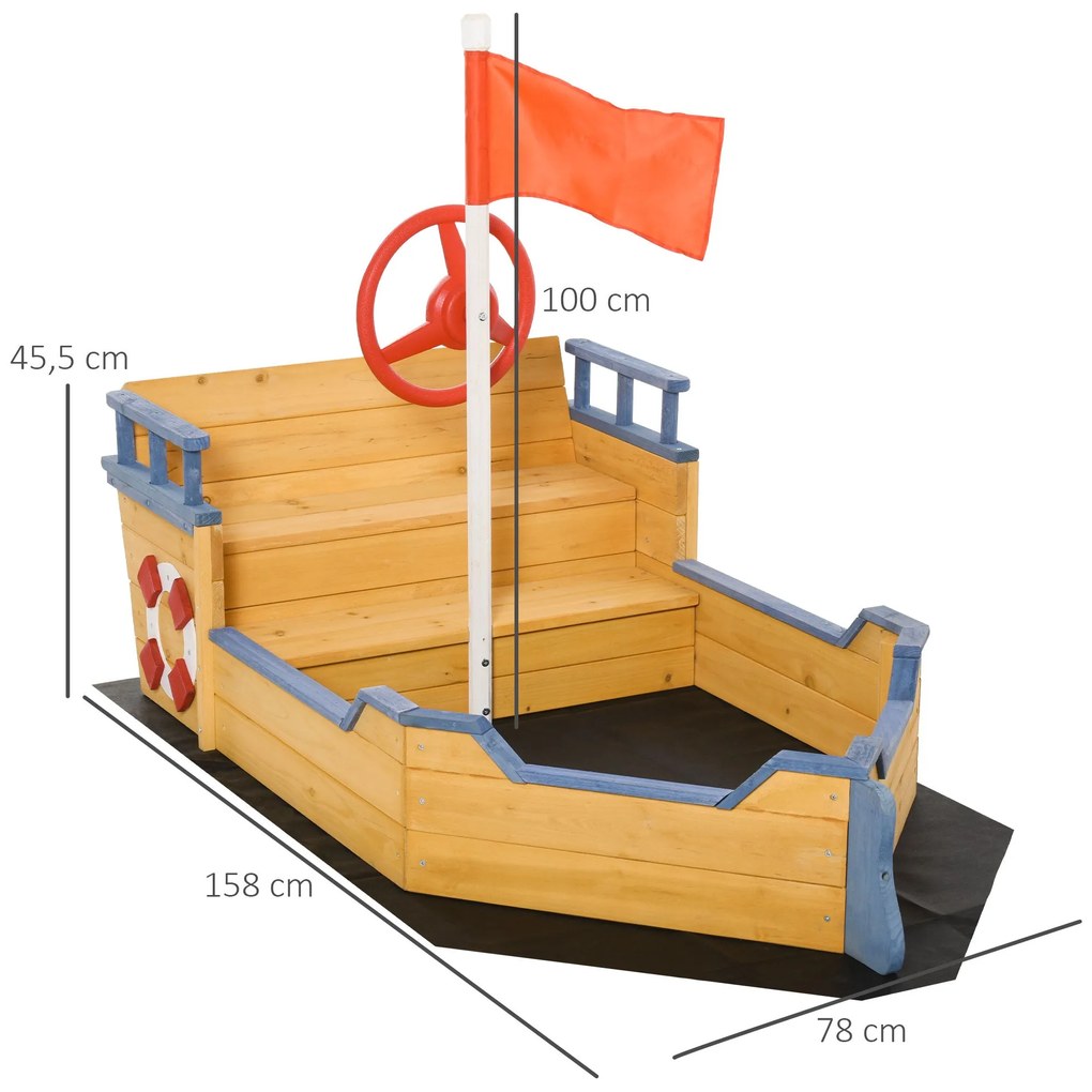 Outsunny Caixa de Areia Infantil de Madeira Desenho de Galeão com Asse