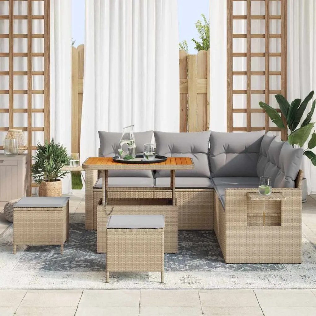 Conjunto de Sofá de Jardim vidaXL com Almofadas Bege Rattan Poliéster