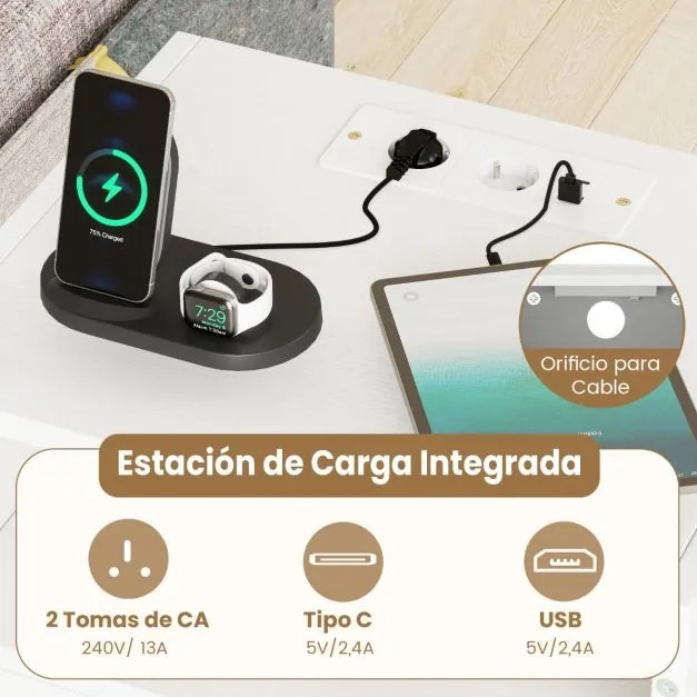 Mesa de cabeceira, mesa apoio 40 x 32 x 65 cm com estação de carregamento com Compartimento aberto Gaveta branca