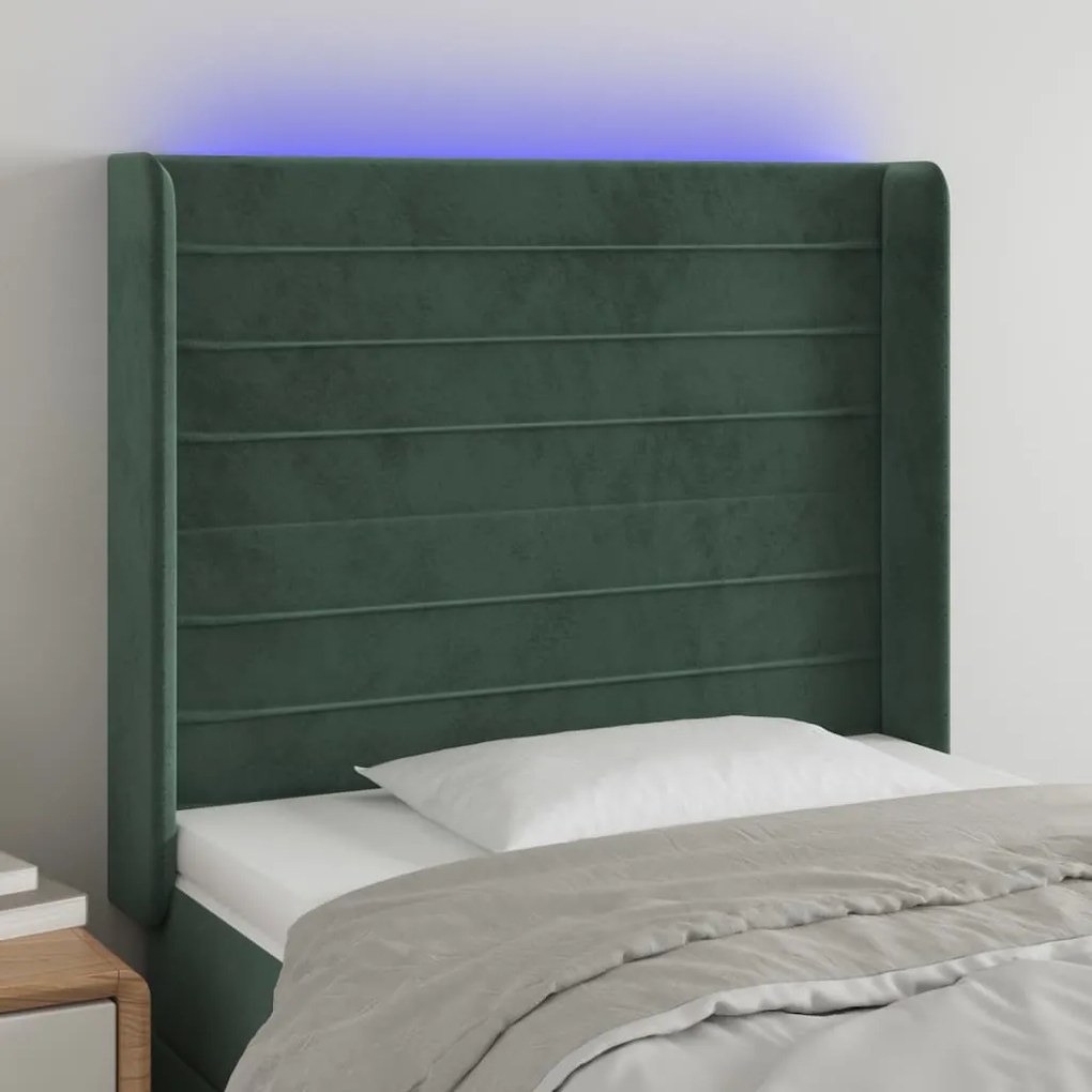 Cabeceira de cama c/ LED veludo 103x16x118/128 cm verde-escuro