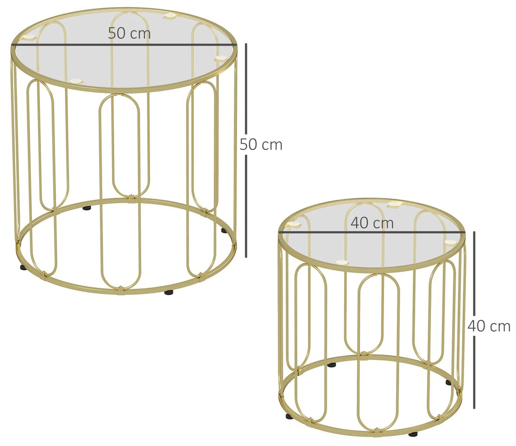 Mesas Auxiliares para Sala de Estar Redondas Conjunto de Mesas Laterais com Estrutura de Metal e Bancada de Vidro Mesas Dourado