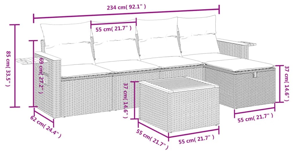 6 pcs conjunto sofás de jardim c/ almofadões vime PE preto