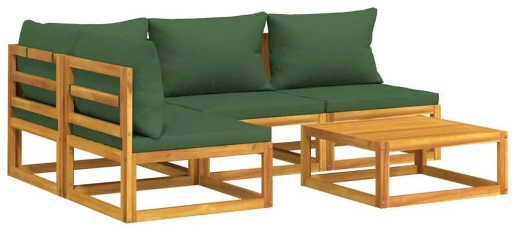 5 pcs conj. lounge jardim madeira c/almofadões verdes
