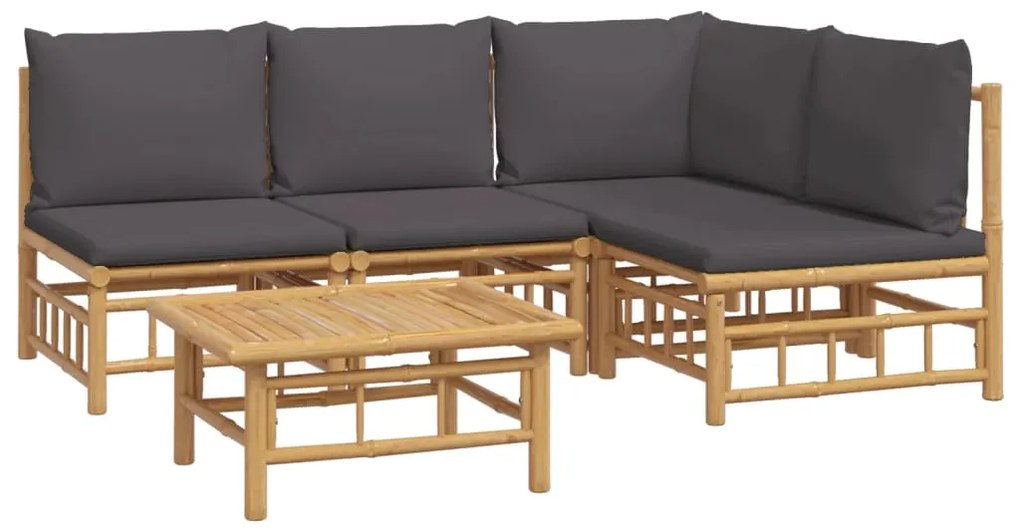 5 pcs conjunto lounge jardim bambu c/ almofadões cinza-escuro