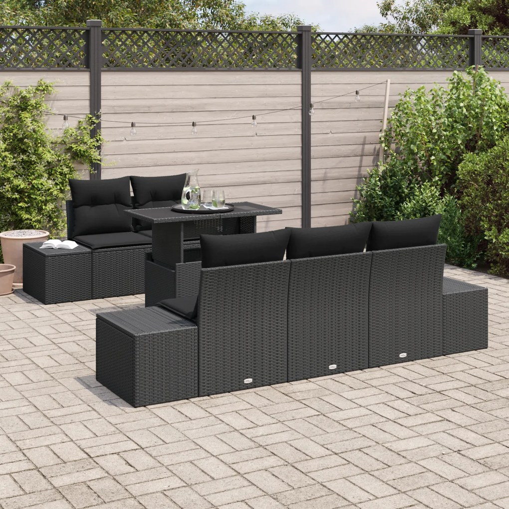Conjunto de Sofá de Jardim com 6 Peças e Almofadas Preto em Rattan Sin