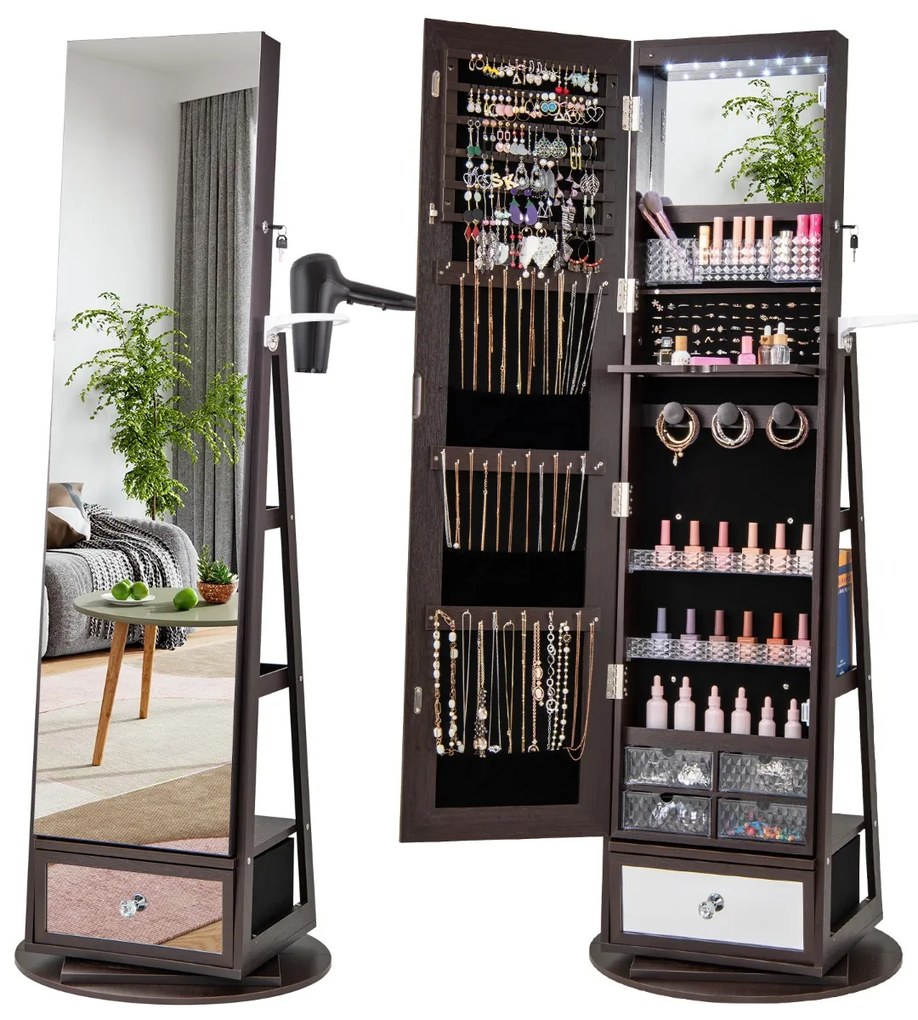 Armário para joias 56 cm x 164 cm giratório em 360° com espelho, luzes LED, fechadura e prateleira traseira em castanho escuro