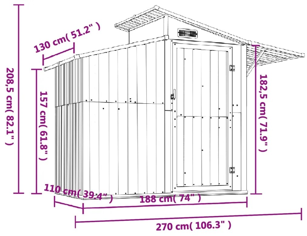 Abrigo de jardim 270x130x208,5 cm aço galvanizado verde