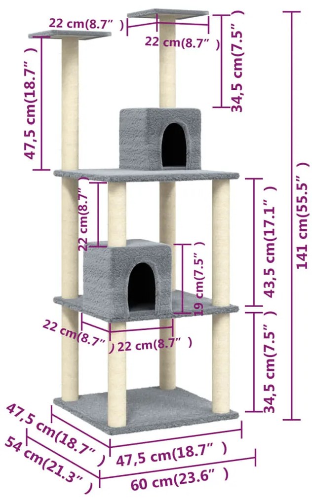 Árvore p/ gatos c/ postes arranhadores sisal 141 cm cinza-claro