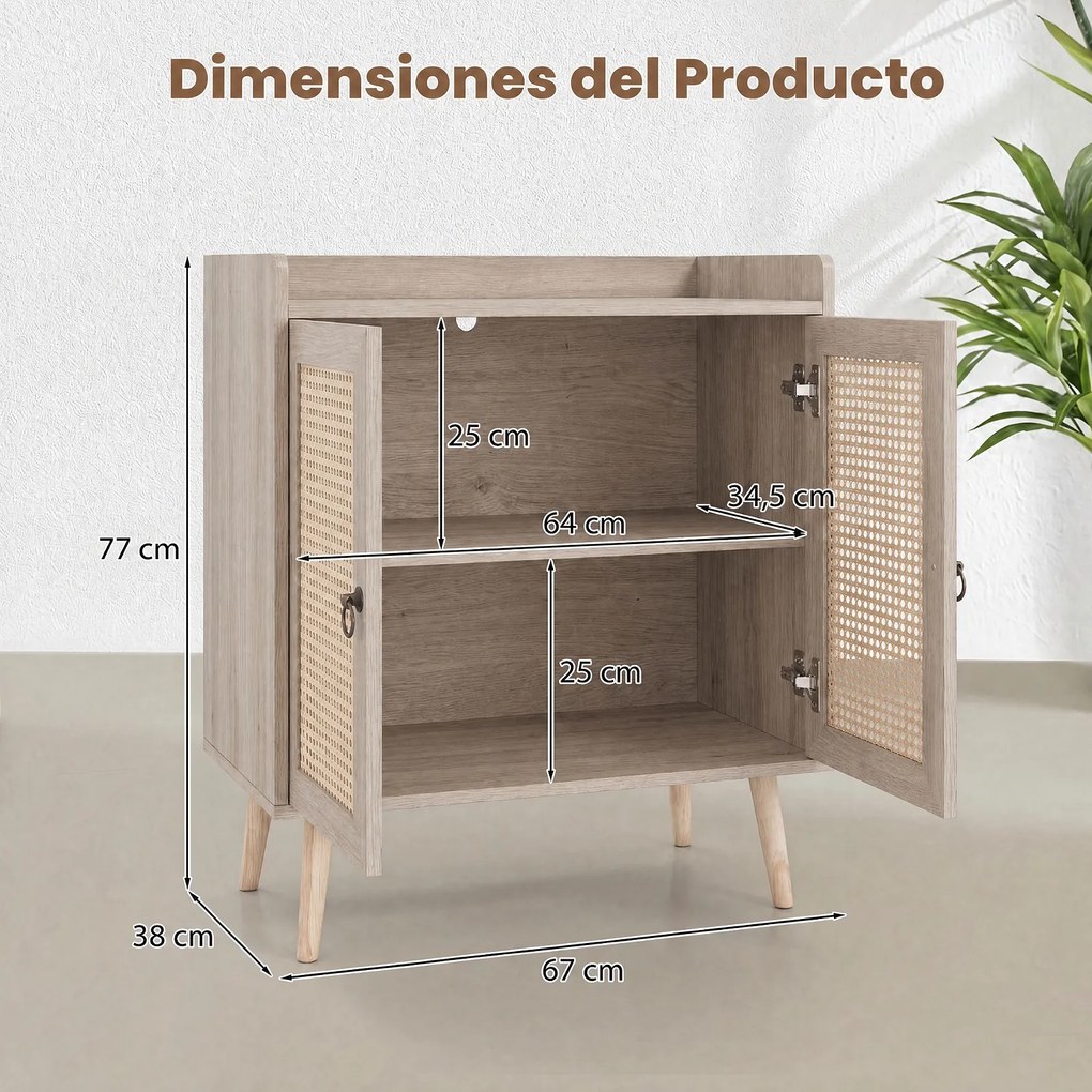 Armário de Arrumação de 2 Portas, 67 x 38 x 77 cm, Portas de Rotim PE, Natural