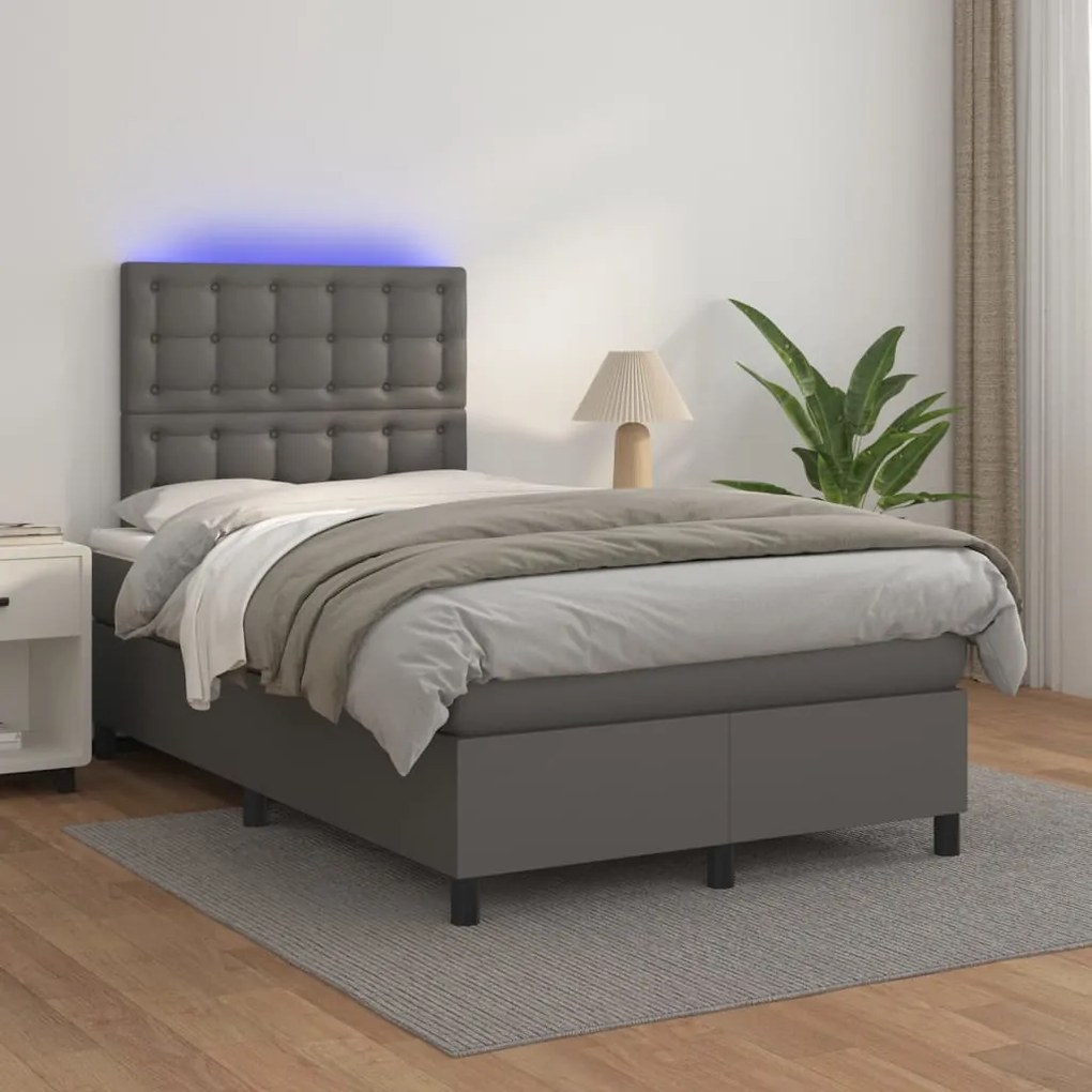 Cama box spring c/ colchão/LED 120x200cm couro artificial cinza