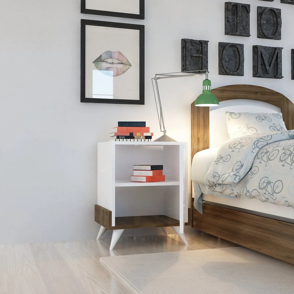 Mesa de Cabeceira Monzana – Branco e Nogueira – 48,6x60x35 cm