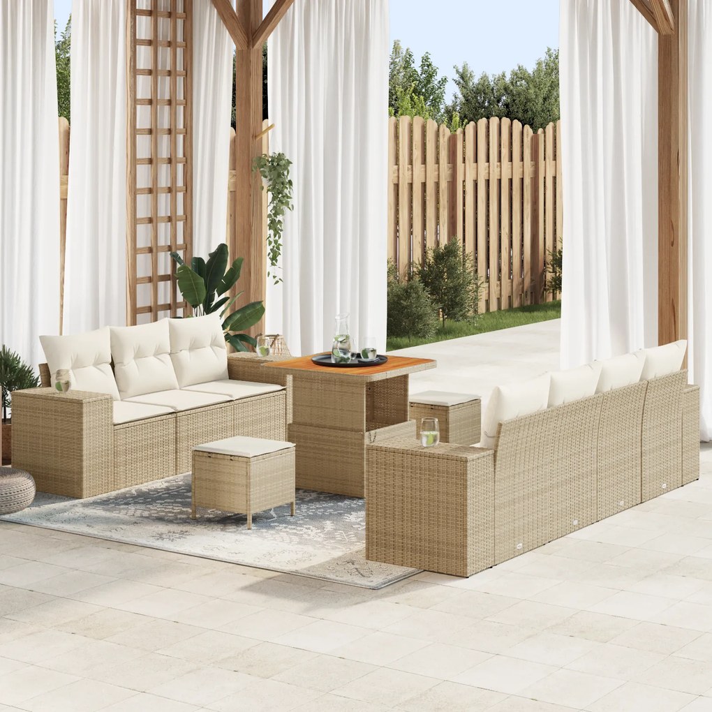 Conjunto de Sofá de Jardim de 10 Peças com Almofadas Bege Rattan Polié