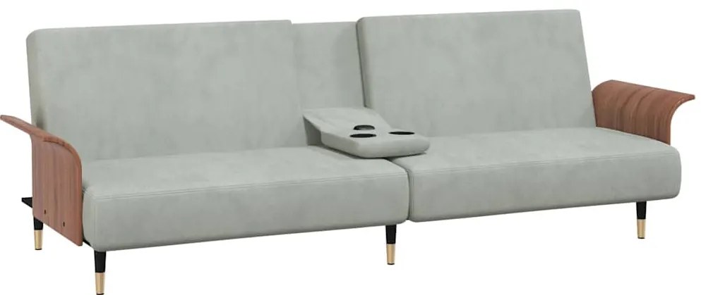 Sofá-cama com suportes para copos veludo cinzento-claro