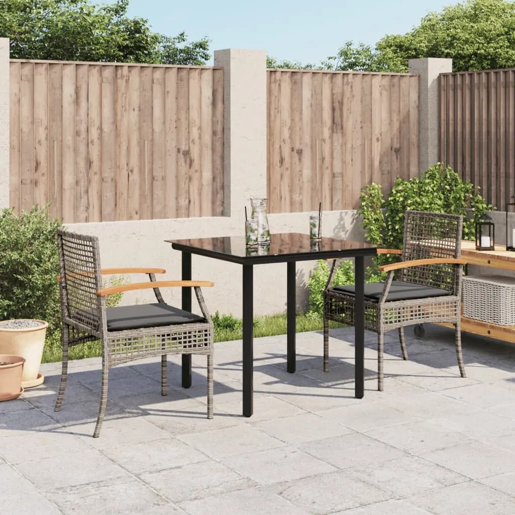 vidaXL 3 pcs conjunto de jantar p/ jardim c/ almofadões vime PE cinza