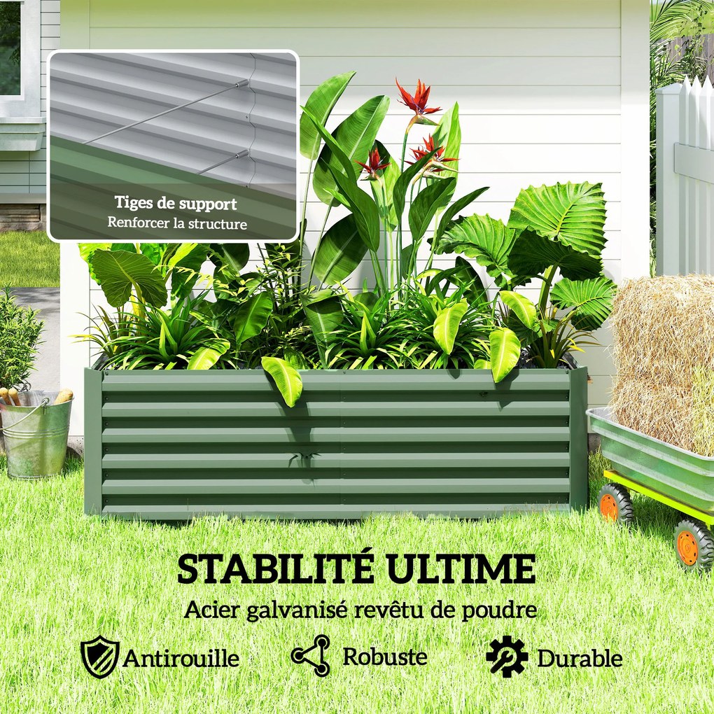 Floreira elevada em aço galvanizado 180 x 90 x 57,5 cm,, canteiro de jardim com fundo aberto, verde