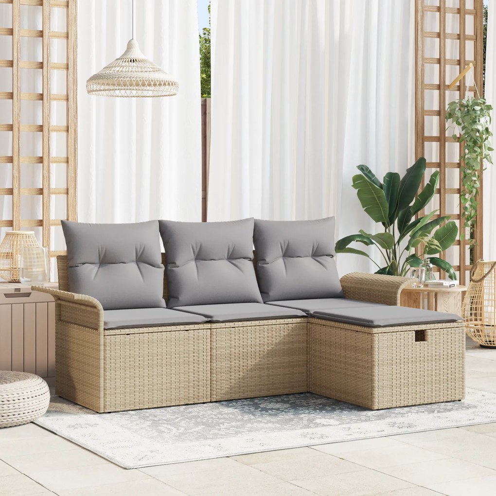 Conjunto de Sofá de Jardim em 4 Peças com Almofadas Bege em Rattan Pol