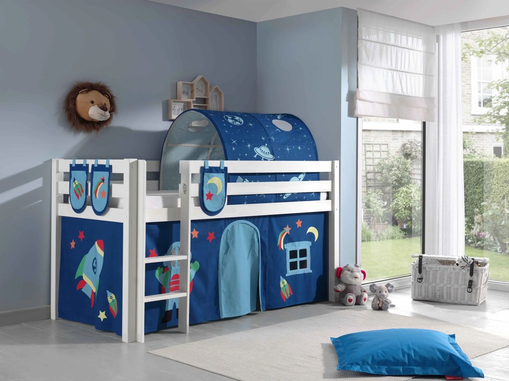 Conjunto Cama alta de Criança PINO 90 x 200 cm + estrado + escada + cortina +3 bolsas + túnel Astronauta Branca