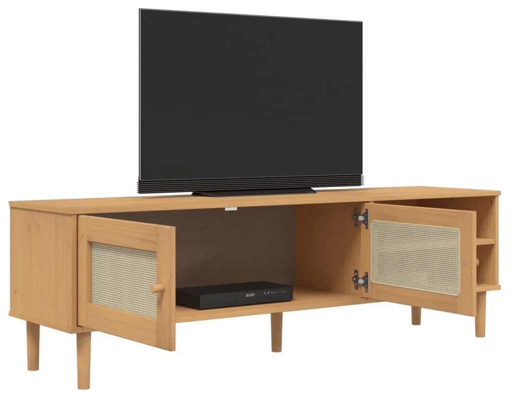 Móvel de TV SENJA aspeto vime 158x40x49cm pinho maciço castanho