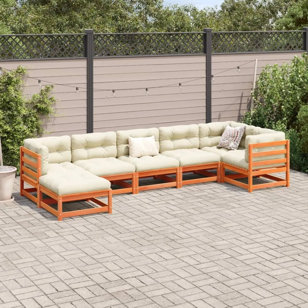 7 pcs conjunto sofás de jardim madeira de pinho castanho cera