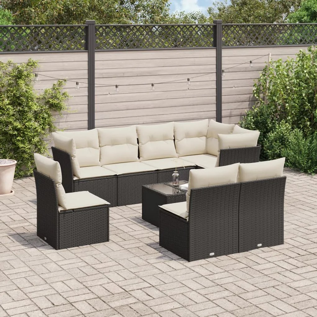 9 pcs conjunto de sofás p/ jardim c/ almofadões vime PE preto