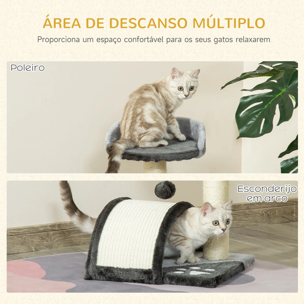 PawHut Árvore Arranhador para Gatos de 2 Níveis com Poste e Tapete de Arranhar Cama e Bola Suspensa 35,5x37x46 cm Cinza