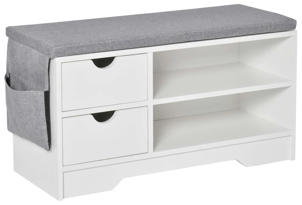 HOMCOM Banco Sapateira 2 Prateleiras Almofada Amovível 2 Gavetas para 4 Pares Sapatos 80,5x30,5x43,5 cm Branco Cinza