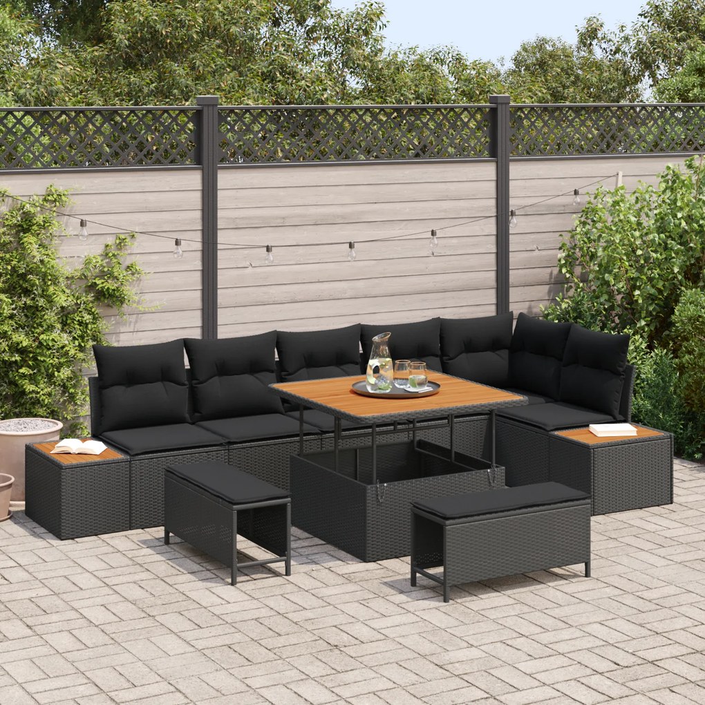 Conjunto de Sofá de Jardim vidaXL de 9 Peças com Almofadas Preto Ratta