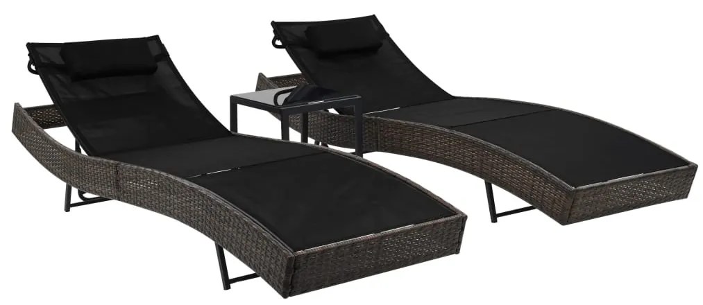 vidaXL Espreguiçadeiras com mesa 2 pcs vime PE e textilene castanho