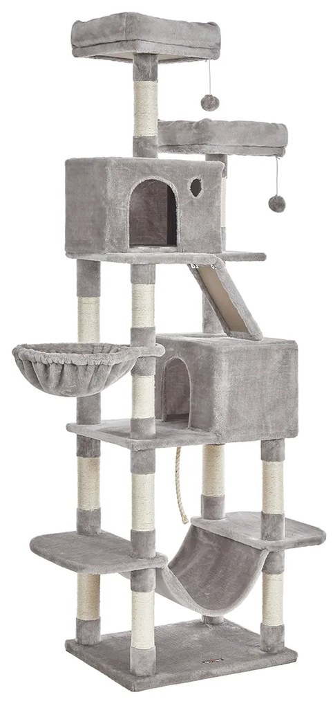 Árvore para gatos de múltiplos níveis com plataformas e cavernas | FEANDREA | 60 x 50 x 206 cm | cinzento claro | PCT190W01.