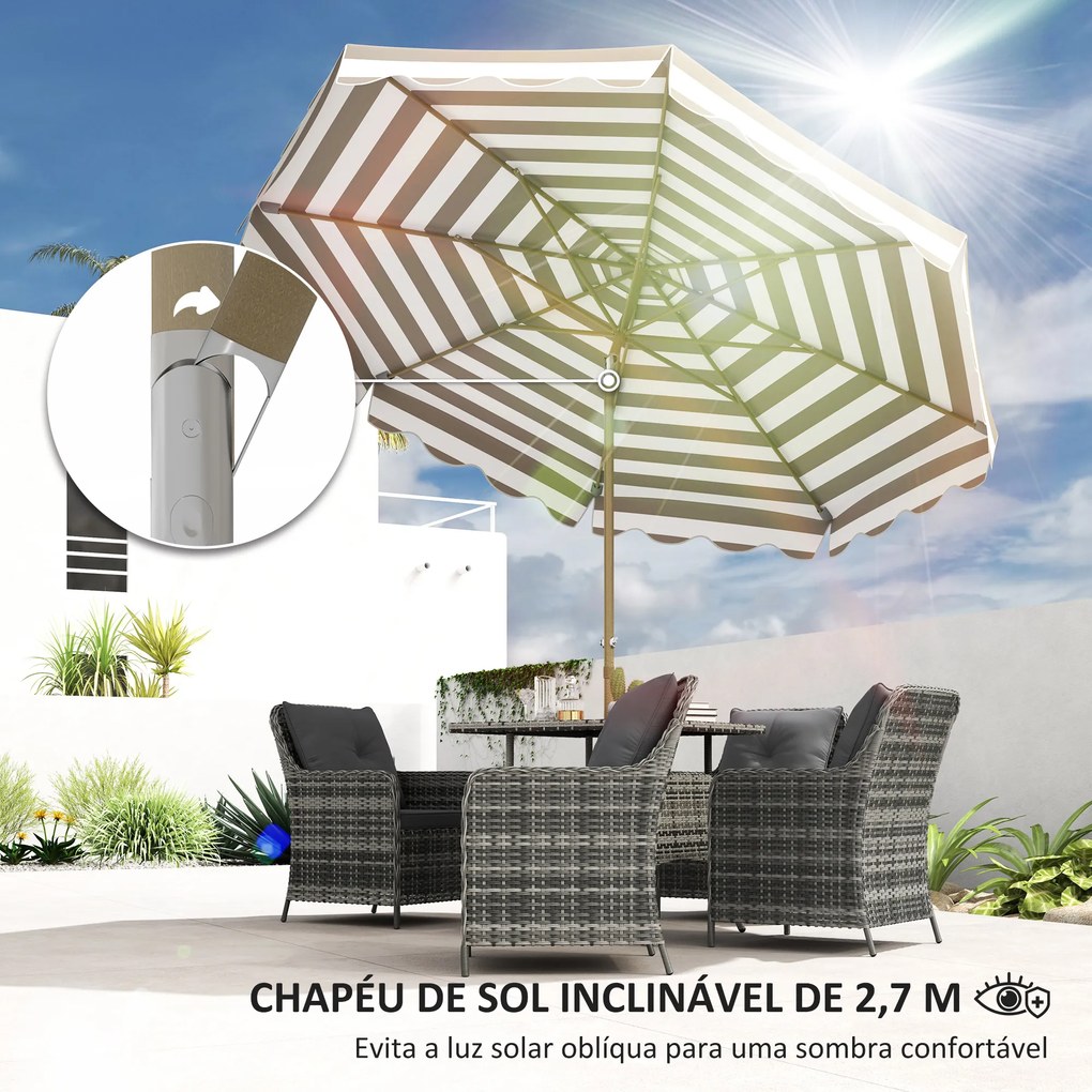 Chapéu de Sol de Jardim com Ângulo Ajustável Inclinável e Manivela Proteção UV 50 + Ø268x237 cm Cinzento claro, branco e caqui