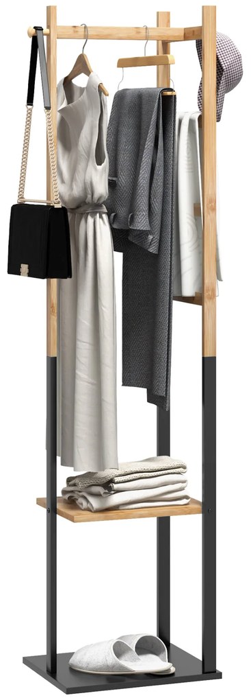 HOMCOM Cabide de Pé de Bambu com 2 Prateleiras 2 Ganchos 5 Barras Cabide de Entrada com Estrutura de Aço para Pendurar Roupa no Corredor Sala de Estar Quarto 46x28,5x153,5 cm Madeira e Preto
