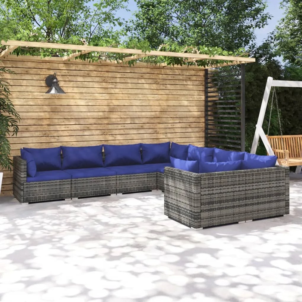 vidaXL 8 pcs conjunto lounge de jardim c/ almofadões vime PE cinzento