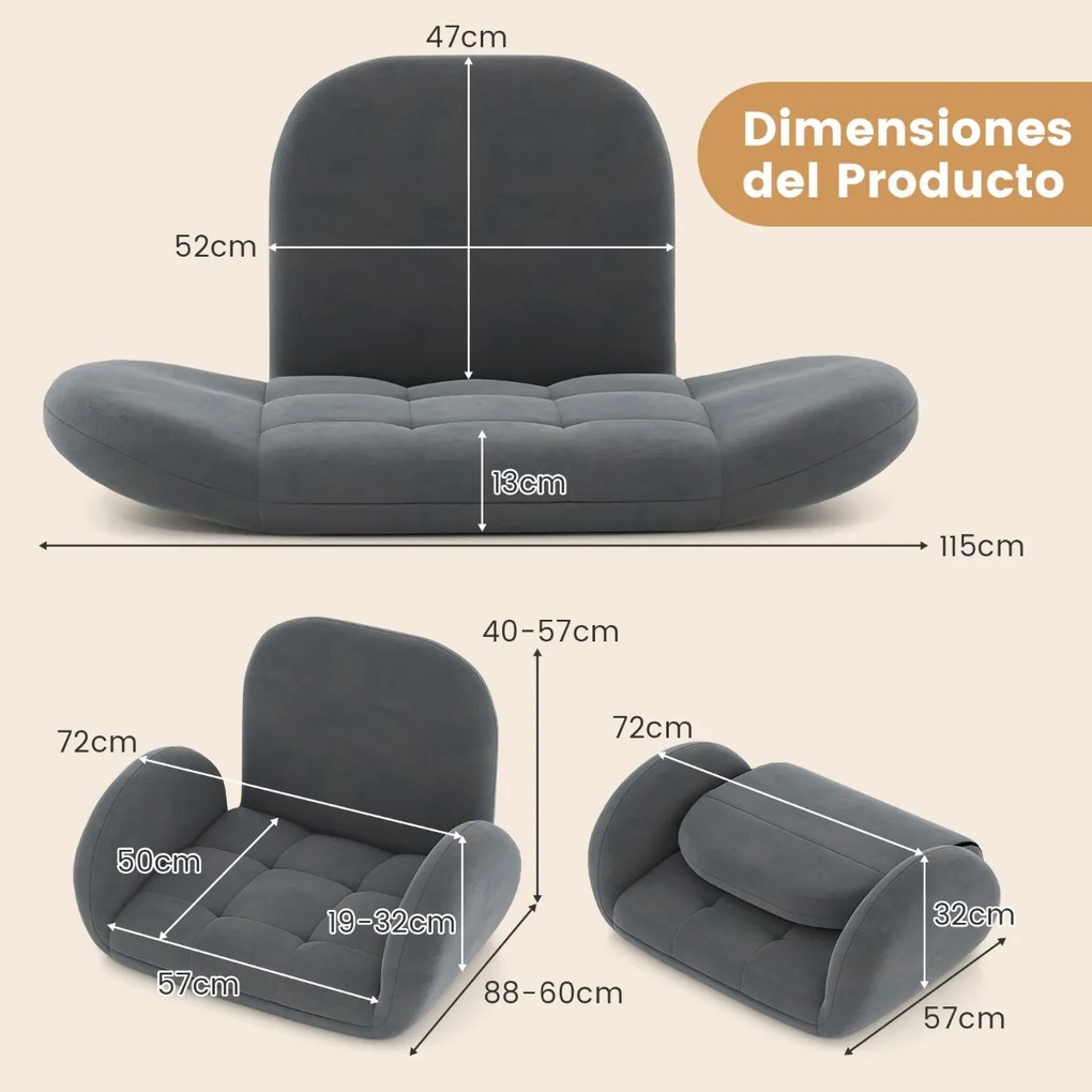 Cadeira dobrável para jogos de chão Sofá-cadeira com encosto e apoios de braços ajustáveis Cadeira de braços reclinável para leitura interior Cinzento