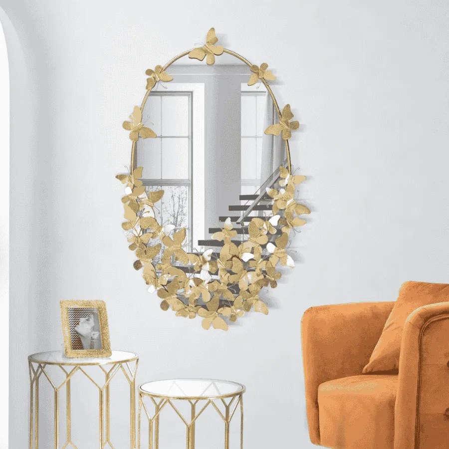 ESPELHO DE PAREDE OVAL BORBOLETA 59X3X89,5 CM (ESPELHO INTERIOR CM 46X78) DOURADO