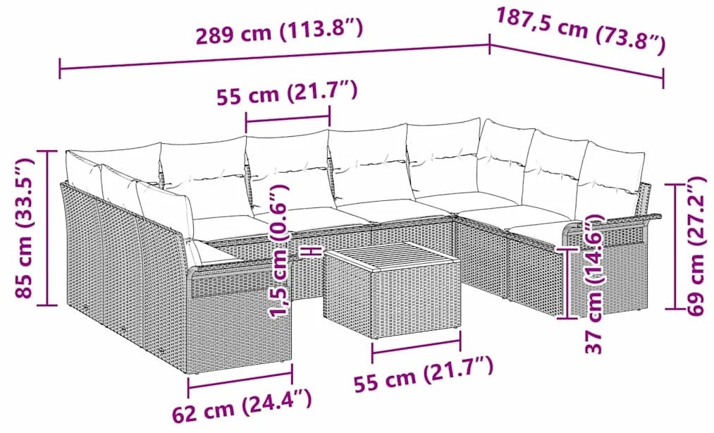 Conjunto de Sofá de Jardim de 10 Peças com Almofadas Bege Vime PE Acác