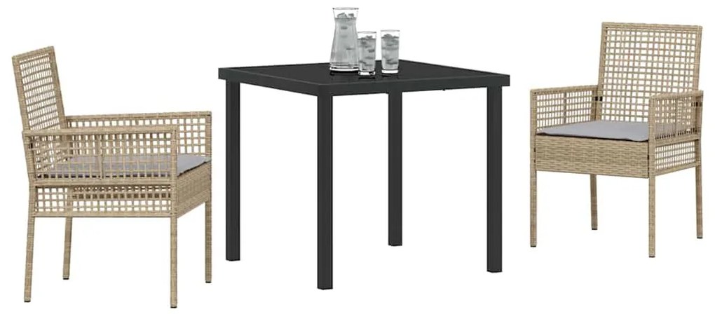 Conjunto de Jantar de Jardim com 3 Peças e Almofadas Bege em Vime Sint