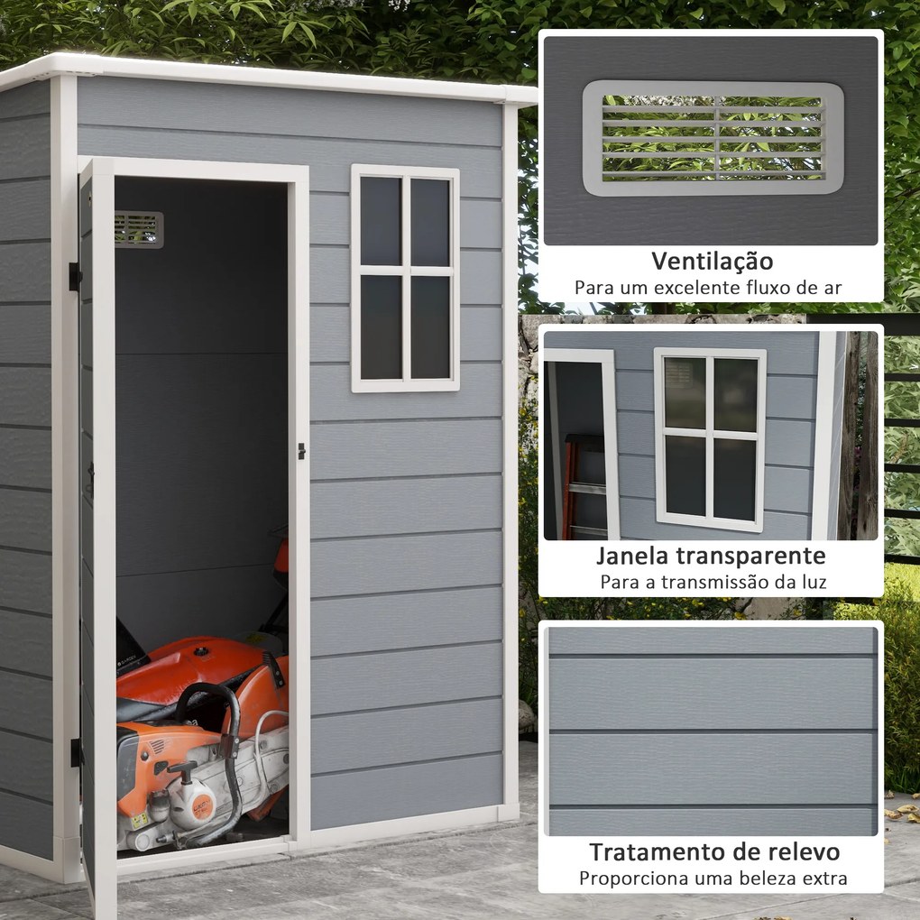 Abrigo de Jardim 1,14 m² 151x92x193 cm Abrigo de Exterior Metálico com Chão Porta de Correr Janela e Teto Inclinado Cinzento