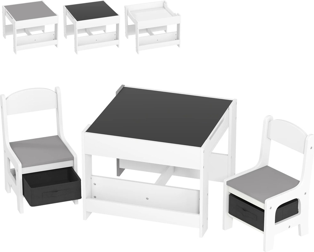 HOMCOM Conjunto de Mesa e 2 Cadeiras Infantis 2 em 1 com Ardósia Gavetas de Tecido e Espaço de Armazenamento para Quarto Cinza | Aosom Portugal