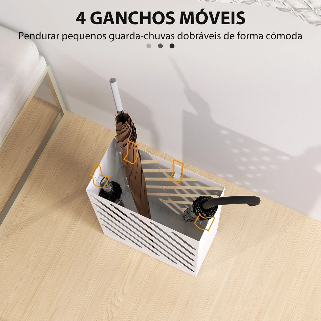 Suporte para Guarda-Chuvas de Aço Galvanizado Estreito com Bandeja de Gotejamento Removível 4 Ganchos 28x14x41 cm Branco