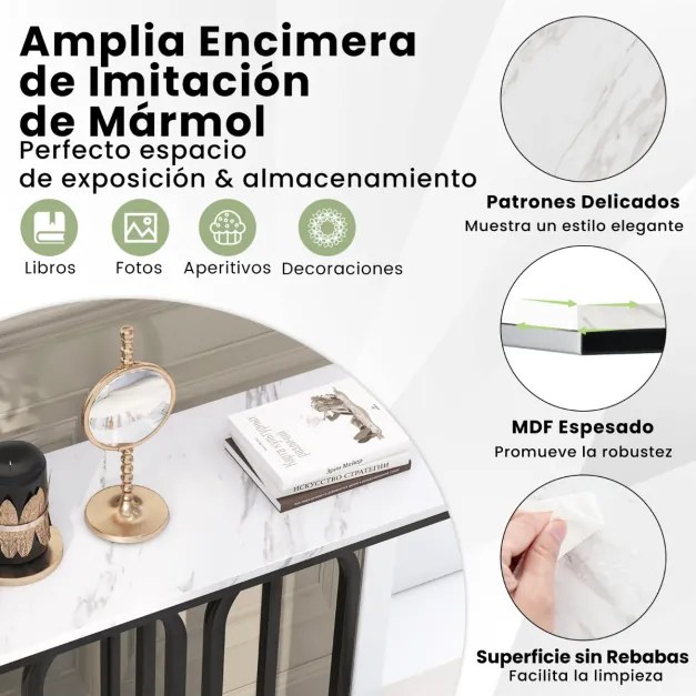 Mesa de consola em mármore com pés reguláveis Estrutura metálica Estrutura metálica Kits anti-queda para entrada de sofá 100 x 30 x 80 cm Preto